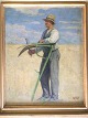 Maleri af 
Rud-Petersen - 
Høstarbejder 
hvæsser leen.