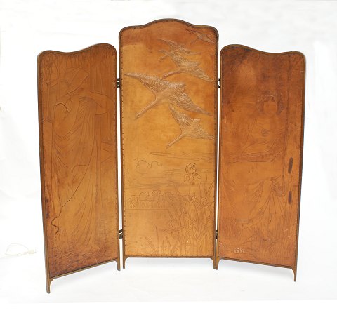 Three fly door screens, oak, motives in leather