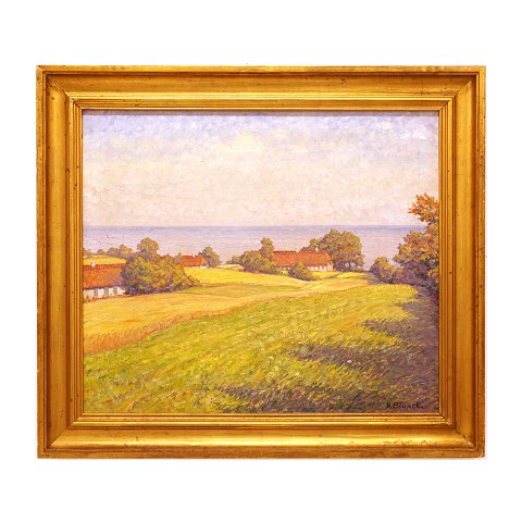 Heinrich Blunck Heikendorf, Kiel 1891-1963, 
landskab ved Ertebjergskov, Als. Olie på lærred. 
Lysmål: 58,5x68,5cm. Med ramme: 74x84cm