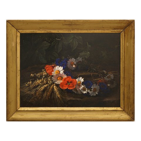 I. L. Jensen, 1800-56: Krans af vilde blomster, 
havre og byg. Olie på plade. Signeret "I L 
Jensen". Lysmål: 28x37,5cm. Med ramme: 38x47,5