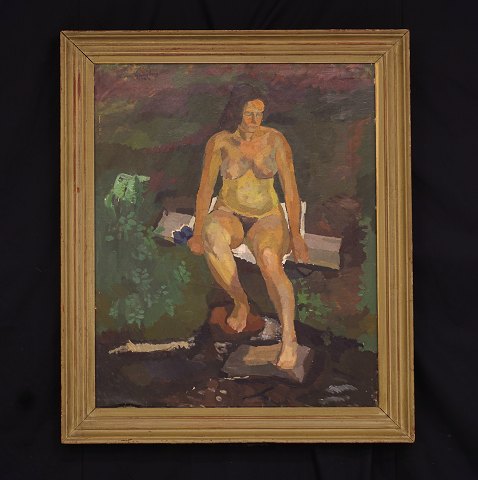 Sven Ljungberg, 1913-2010, Sverige: Nøgen kvinde i 
have. Olie på lærred. Signeret og dateret 1942. 
Lysmål: 76x60cm. Med ramme: 92x76cm