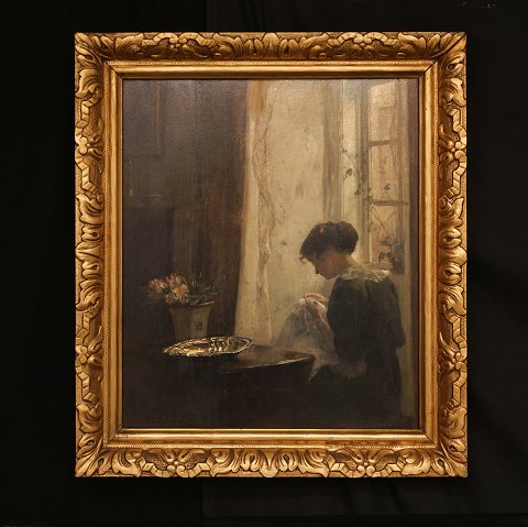 Carl Vilhelm Holsøe, 1863-1935, the artist's wife 
at the window. Signed. Oil on plate. Visible size: 
52x43cm. With frame: 66x57cm