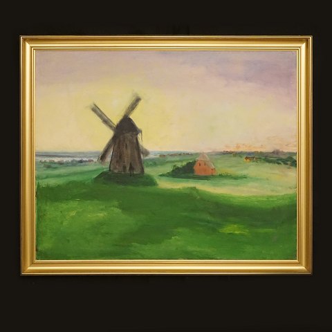 Jens Søndergaard, 1895-1957: Landskab med mølle. 
Olie på lærred. Hidrørende fra boet efter Anelise 
Søndergaard
Lysmål: 79x99cm. Med ramme: 97x112cm