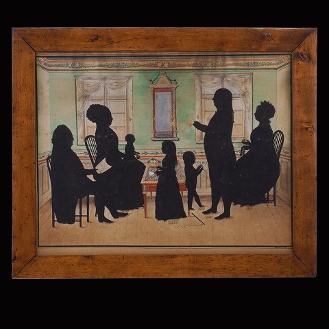 Silhouette painting showing af family. Watercolor. 
Signed "Bruun 1832". Visible size: 34x44cm. With 
frame: 42x52cm