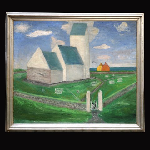 Jens Søndergaard, 1895-1957, olie på lærred. Motiv 
i form af Ferring Kirke i baggrunden huse og vand. 
Signeret og dateret 1943. Lysmål: 126x137cm. Med 
ramme: 133x154cm