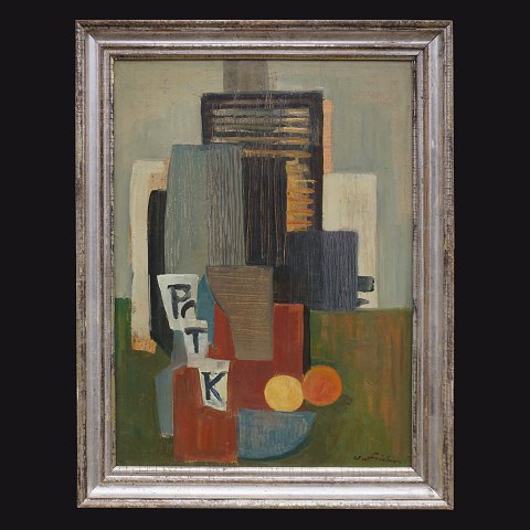 Carl Fischer, 1887-1962, olie på plade: Collage 
stilleben over frugter i skål, avis mm. Signeret. 
Lysmål: 57x42cm. Med ramme: 68x53cm