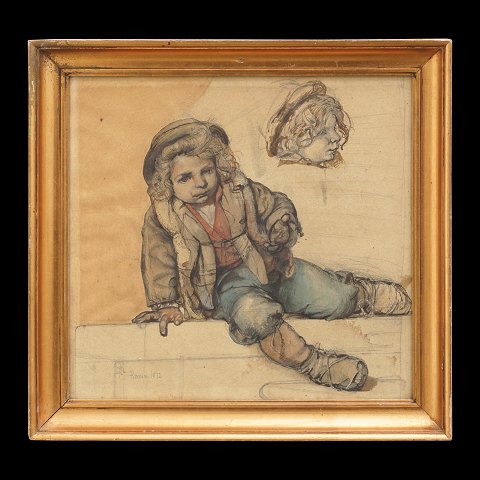 Pietro Krohn, 1840-1905, tegning. "Siddende 
lyshåret Dreng". Signeret med monogram Roma 1872. 
Lysmål: 32x33cm. Med ramme: 39x40cm