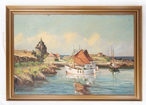 Maleri på lærred med havnemotiv og forgyldt ramme, signeret Vilke fra 1930erne.
5000m2 udstilling.
