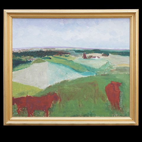 Jens Søndergaard, 1895-1957, Öl auf Leinen. 
Landscahft mit Kühen. Signiert. Lichtmasse: 
80x94cm. Mit Rahmen: 95x109cm