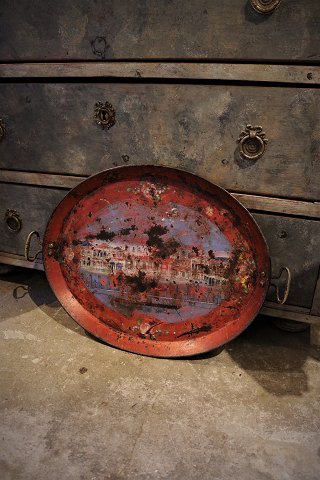 Antique, 19th century oval iron tray with old painting...