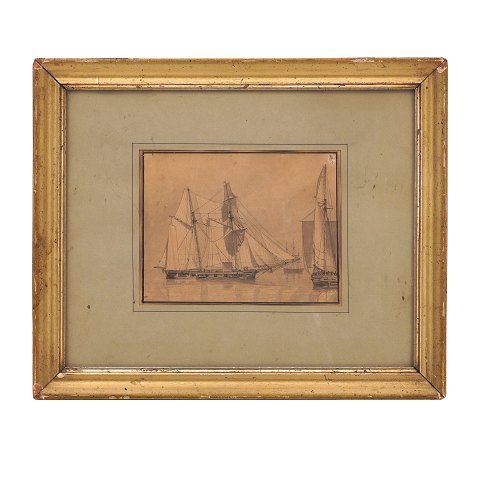 Marine drawing by C. W. Eckersberg, 1783-1853. 
Visible size: 12,5x16cm. With frame: 27,5x33cm