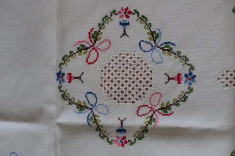 Old table cloth
With embroidery in colours- made by hand
About 102cm x 97cm
In a very good condition