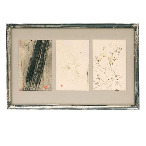 Preben Hornung, 1919-89, tre signerede  postkort, 
mixed media. Lysmål: 3x15x9cm. Med ramme: 25x38cm