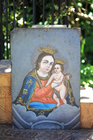 Early 19th century Madonna painting , painted on metal plate with a motif of the 
Virgin Mary with the baby Jesus...