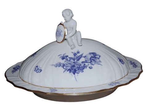 Blå Blomst Svejftet med guldkant
Stor og sjælden skål med låg med figur af dreng
