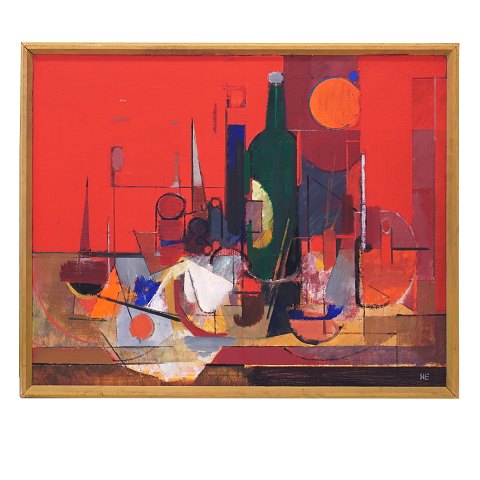 Helge Ernst, 1916-91, Öl auf Leinen. "Die Grüne Flasche". Signiert und datiert 1975. Lichtmasse: 59x73cm. Mit Rahmen: 64x78cm