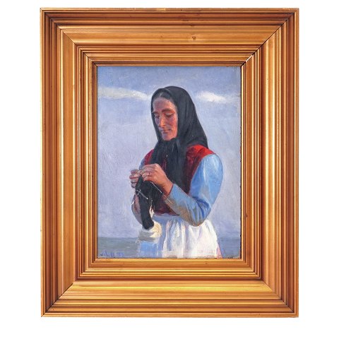 Michael Ancher portræt af strikkende kvinde på strand. Michael Ancher, 1949-1927, olie på træ. Signeret "MA 99". Lysmål: 32x24cm. Med ramme: 50x42cm