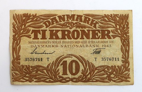 Danmark. Pengeseddel 10 kr 1943 T.
