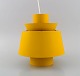 Presumably Jørn Utzon for Louis Poulsen. Retro ceiling lamp in yellow lacquered 
metal. Danish design, 1960s / 70s.
