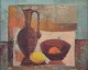 Swedish artist, oil on board.Modernist still life with a pitcher and lemon.