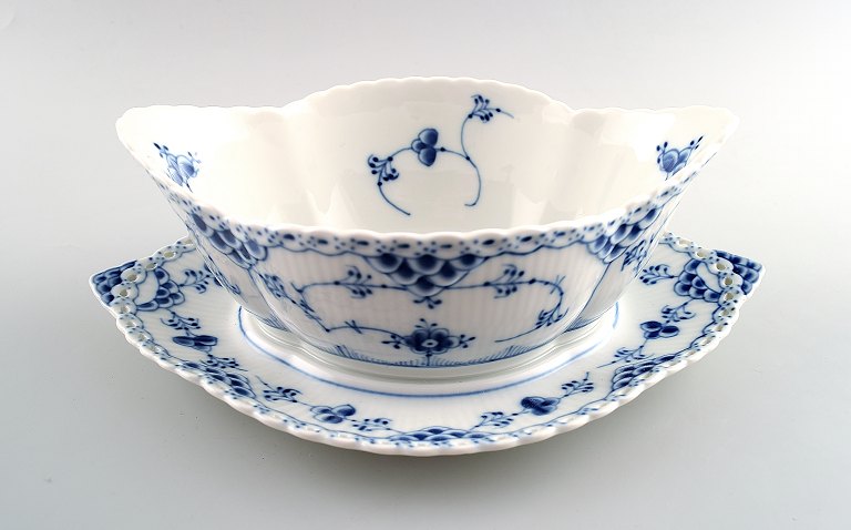 Royal Copenhagen Blue Fluted Full Lace Gravy boat on dish # 1105.