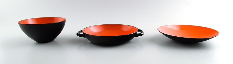 Krenit bowl and two dishes by Herbert Krenchel. 
Black metal and orange enamel.