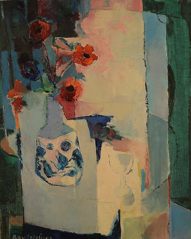 Ray Letellier, French artist "Les Anémones".
Still Life with flowers in a vase and a wine glas, oil on canvas.