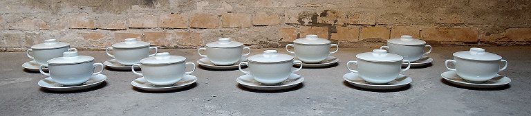 Aluminia blue line, earthenware/faience. 10 bouillon cups with lids and saucers.