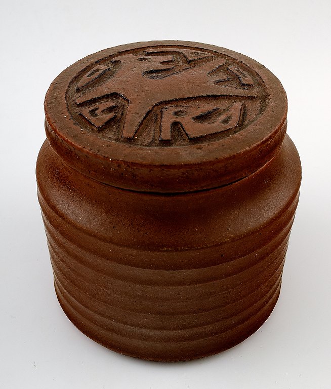 Stoneware lidded jar by Jorgen Mogensen. Own workshop. 
Denmark 1957.