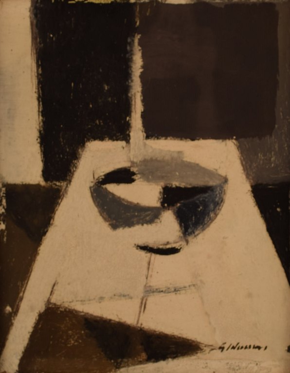 Modernist still life, mid 20th century, unknown painter.
Oil on board.