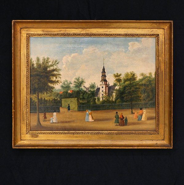 Byparti fra København, olie på lærred. Rosenborg Slot set fra Gothersgade 
omkring år 1800. Lysmål: 36x49cm. Med ramme: 48x61cm