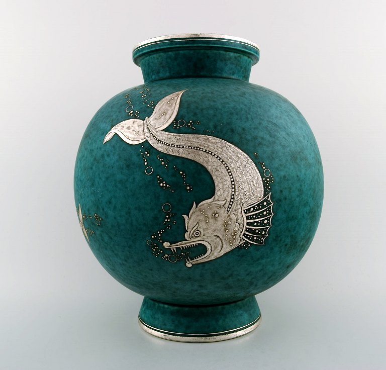 Wilhelm Kåge, Gustavsberg, Argenta Art Deco large spherical ceramic vase 
decorated with fish.