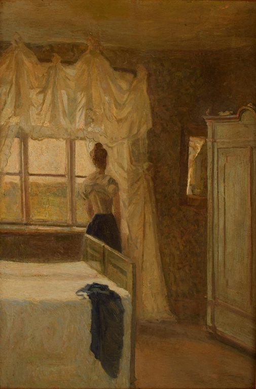 Danish painter circa 1890 s: Bedroom interior with a woman by the window.