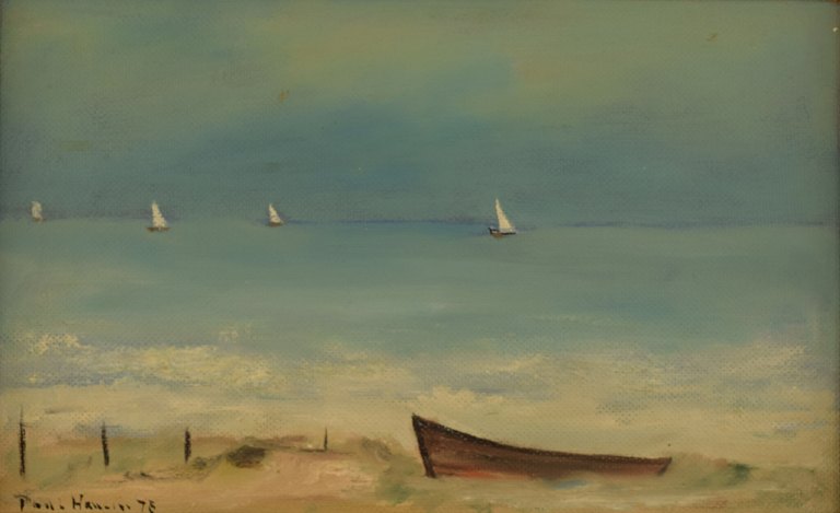 Poul Hansen 1918-1987. Oil on board. Sail boats at sea.