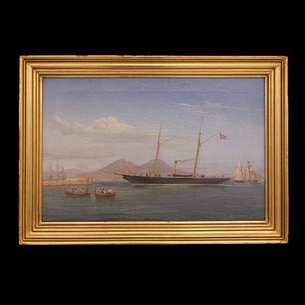 De Simone: Marine Painting form Italy with a Danish ship. Signed and dated 1866. 
Visible size: 32x49cm. With frame: 41x58cm