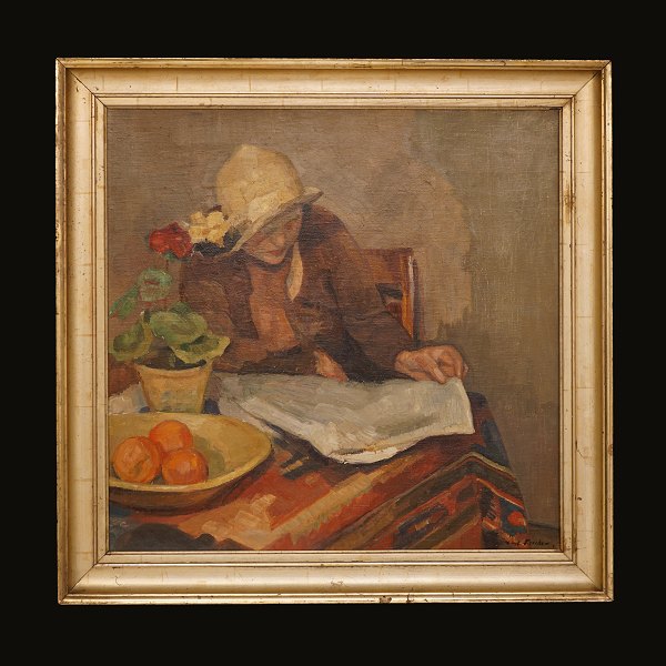 Carl Fischer, 1876-1953: Lesende Frau. Öl auf Leinen. Signiert. Lichtmasse: 
67x68cm. Mit Rahmen; 55x56cm