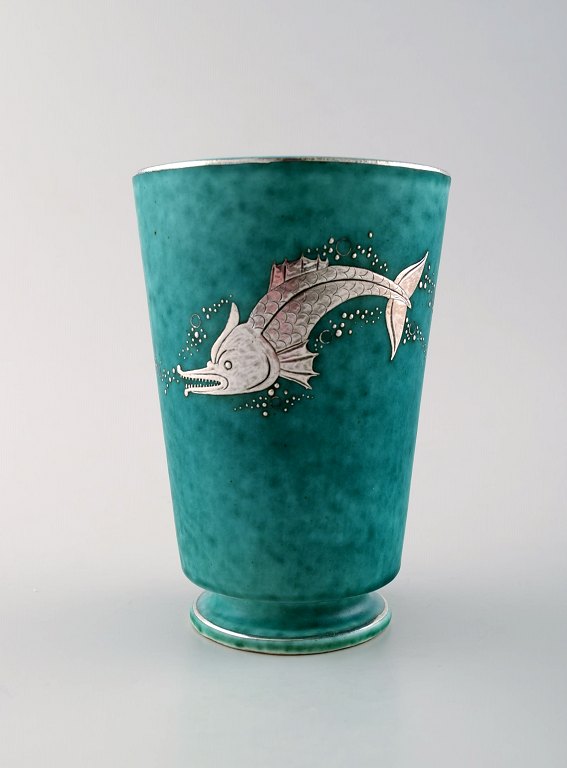 Wilhelm Kåge, Gustavsberg, Argenta Art deco ceramic vase decorated with fish.