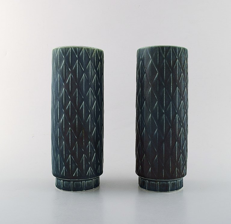 Gunnar Nylund for Rörstrand. A pair of Eterna vases with geometric pattern and 
turquoise glaze. 1960