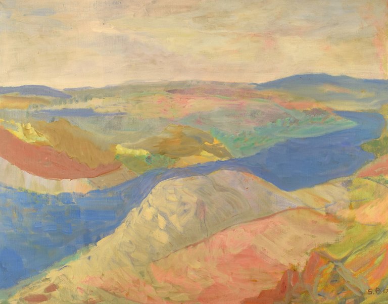 Unknown artist. Modernist landscape. Oil on canvas. Exhibited "The Colorists". 
Dated 1962.