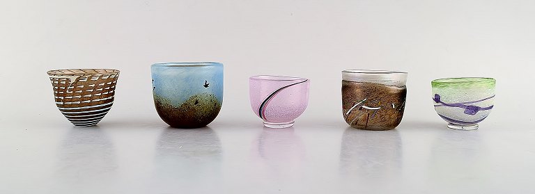 Bertil Vallien for Kosta Boda. Five small vases in mouth blown art glass. 
1980