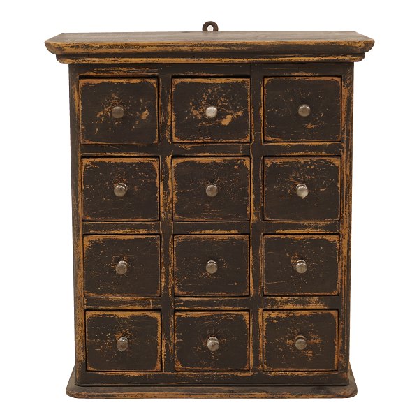 A black decorated wall-mounted cabient with 12 drawers. Denmark circa 1860-80. 
H: 61cm. W: 54cm. D: 29cm