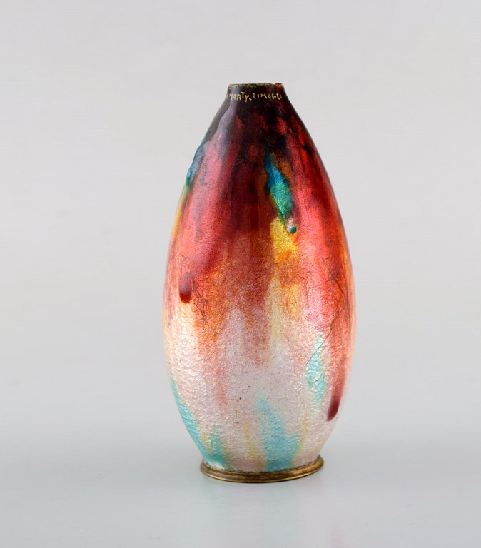 Alexandre Marty for Limoges, France. Art nouveau bronze vase with beautiful 
enamel work. Ca. 1910.
