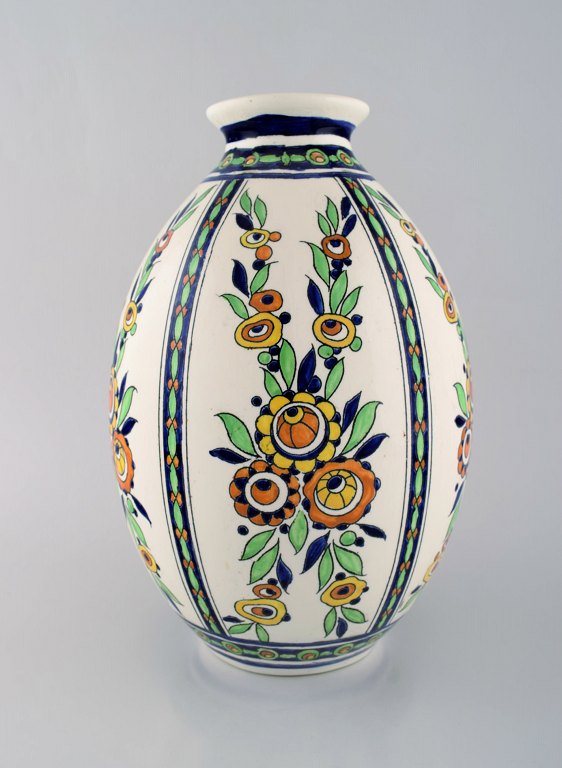 Charles Catteau (1880-1966) for Boch Freres Keramis, Belgium. Large art deco 
ceramic vase in cloisonné technique. Hand painted with flowers. 1920 / 30