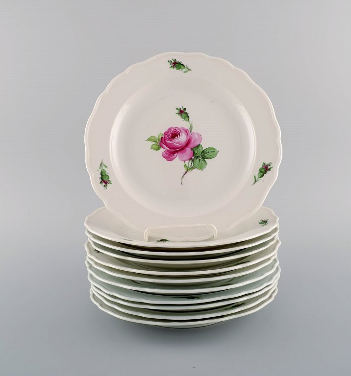 11 antikke Meissen frokosttallerkener i håndmalet porcelæn med lyserøde roser. 
Tidligt 1900-tallet.
