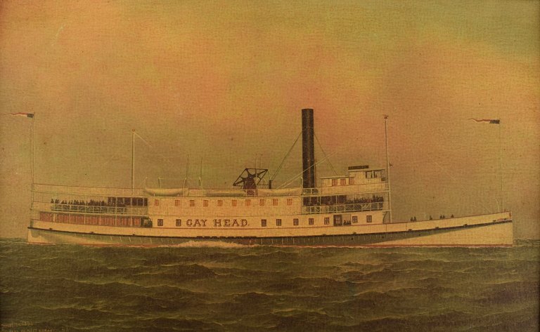 Antonio Jacobsen (1850-1921), Danish-born American naval painter. Facsimile on 
canvas. Ship portrait of the steamship Gay Head. Early 20th century. Looks like 
a real oil painting, fine crackles and varnish.
