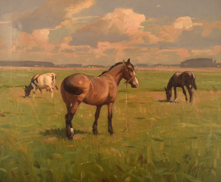 Knud Edsberg (1911-2003), Danish artist. Oil on canvas. Field landscape with 
horses and cows. Mid-20th century.
