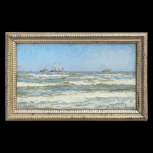 Carl Locher Marinenmotiv. Carl Locher, 1851-1915, Öl auf Leinen auf Platte. 
Signiert "Carl Locher Dronningmølle 1902". Lichtmasse: 29x52cm. Mit Rahmen: 
39x62cm