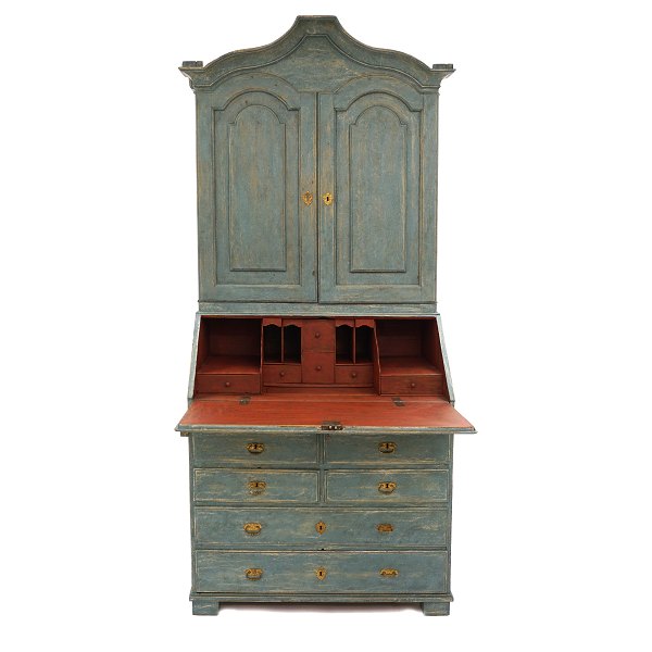 Mid 18th century blue/green/red decorated Baroque bureau. Sweden circa 1750. H: 
230cm. W: 98cm. D: 97cm