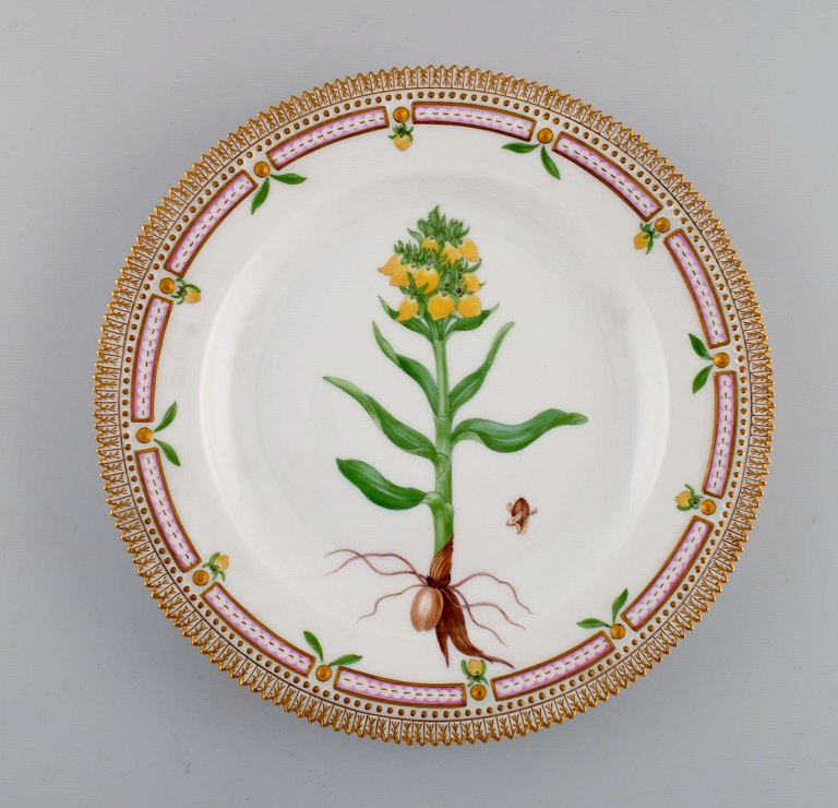 Royal Copenhagen Flora Danica dinner plate in hand-painted porcelain with 
flowers and gold decoration. Model number 20/3549.
