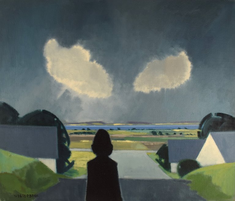 K. Westerberg. Danish artist. Oil on canvas. Modernist landscape with person in 
silhouette. 1970s.
